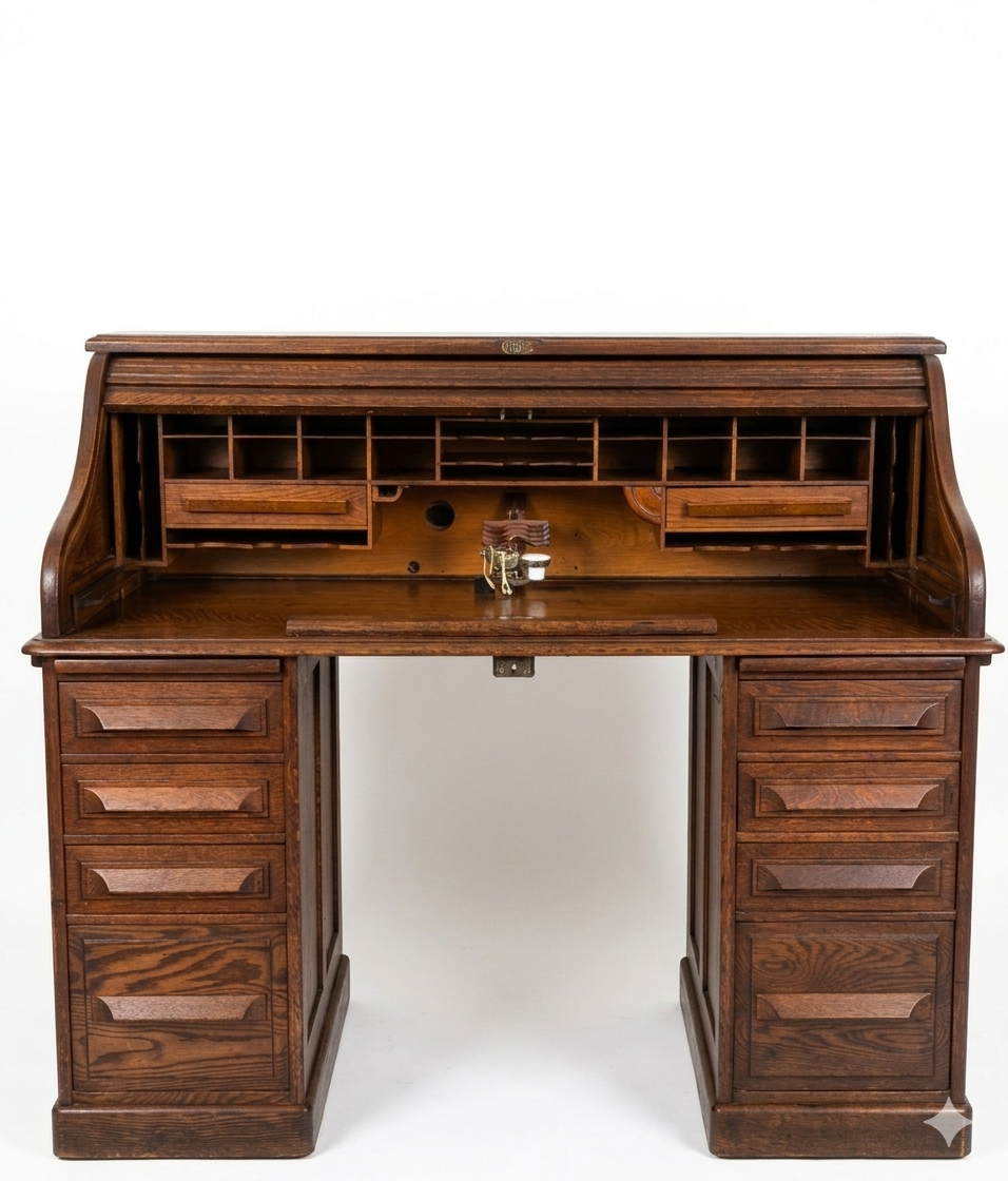 Superb Original Vintage American Oak Rolltop Desk - Image 2
