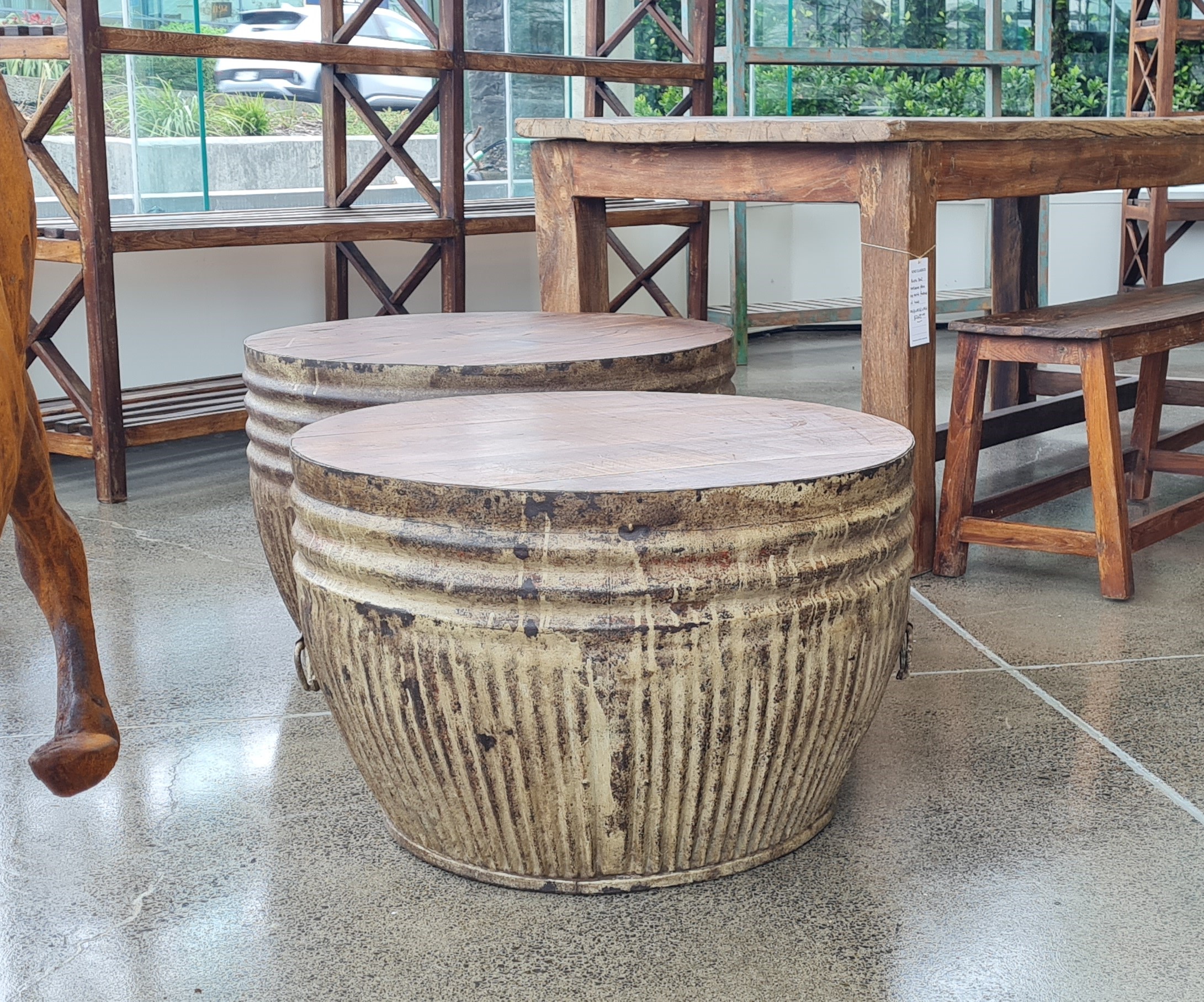 Recycled Teak & Iron Drum Coffee Table - Image 2