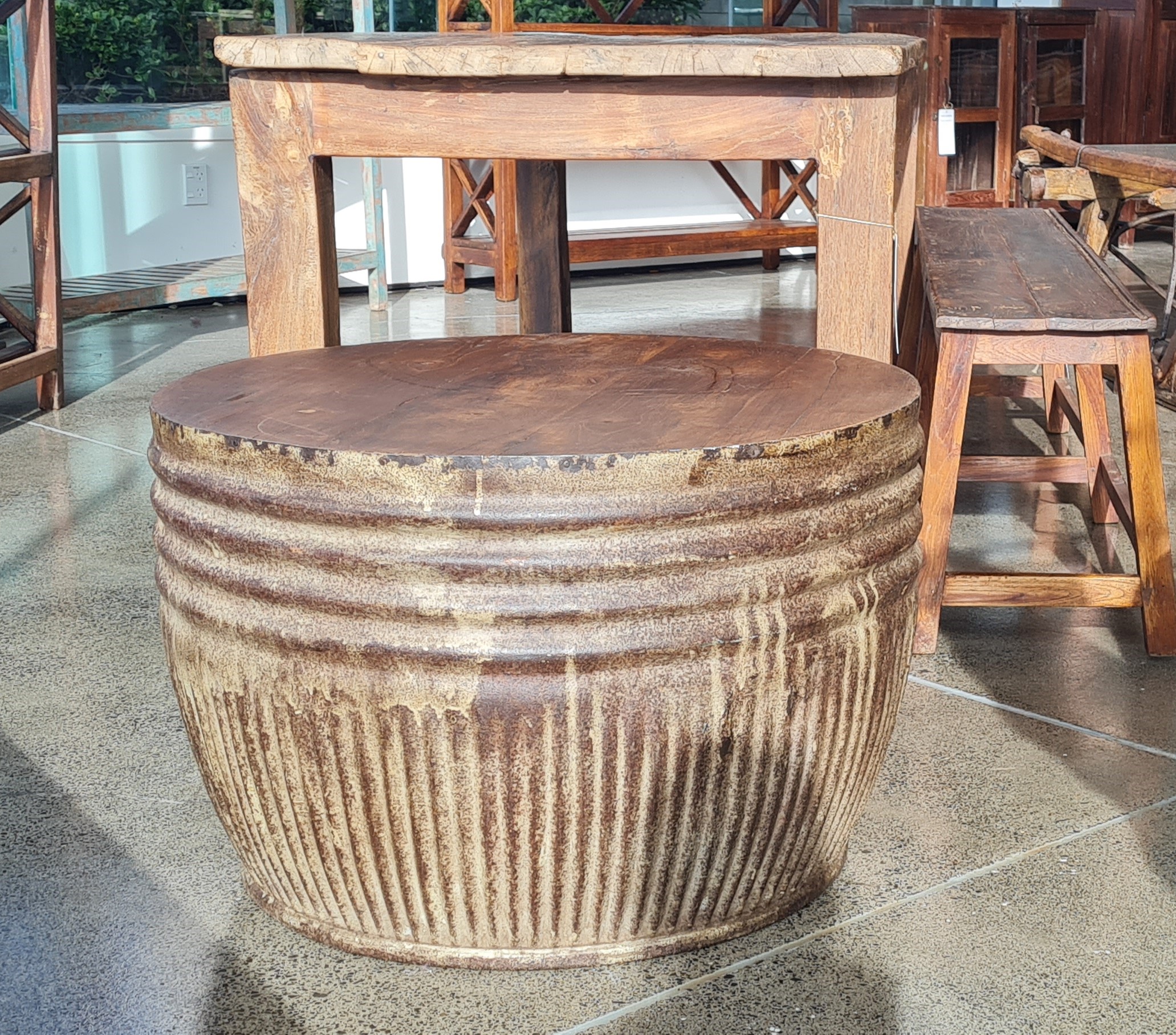 Recycled Iron & Teak Drum Coffee Table - Image 2