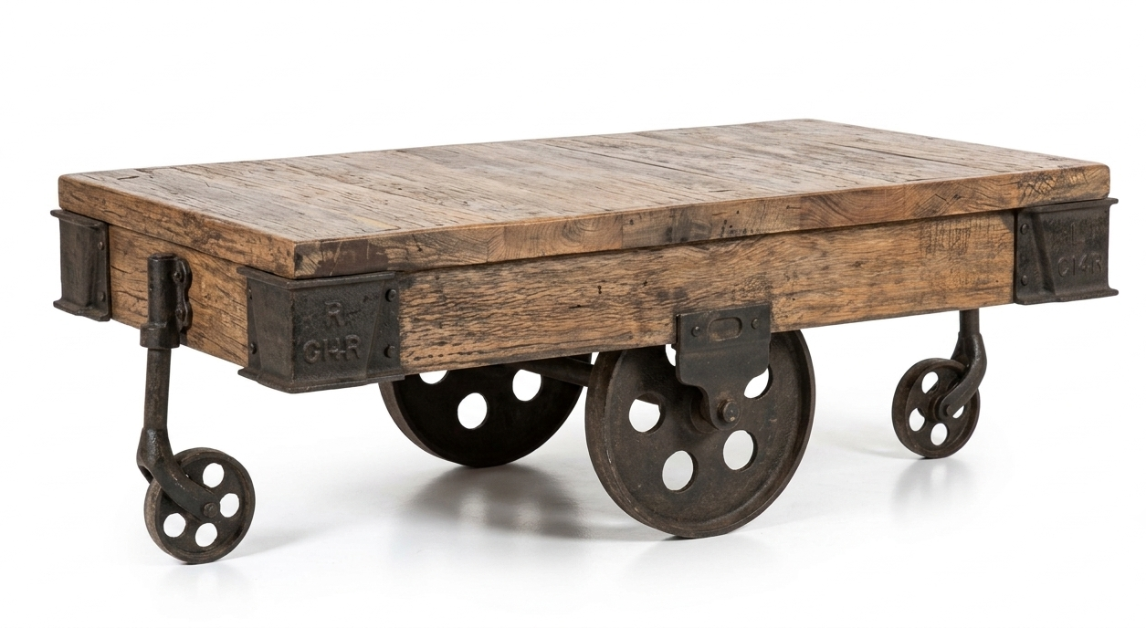 Reclaimed Teak & Iron Baggage Trolley Coffee Table