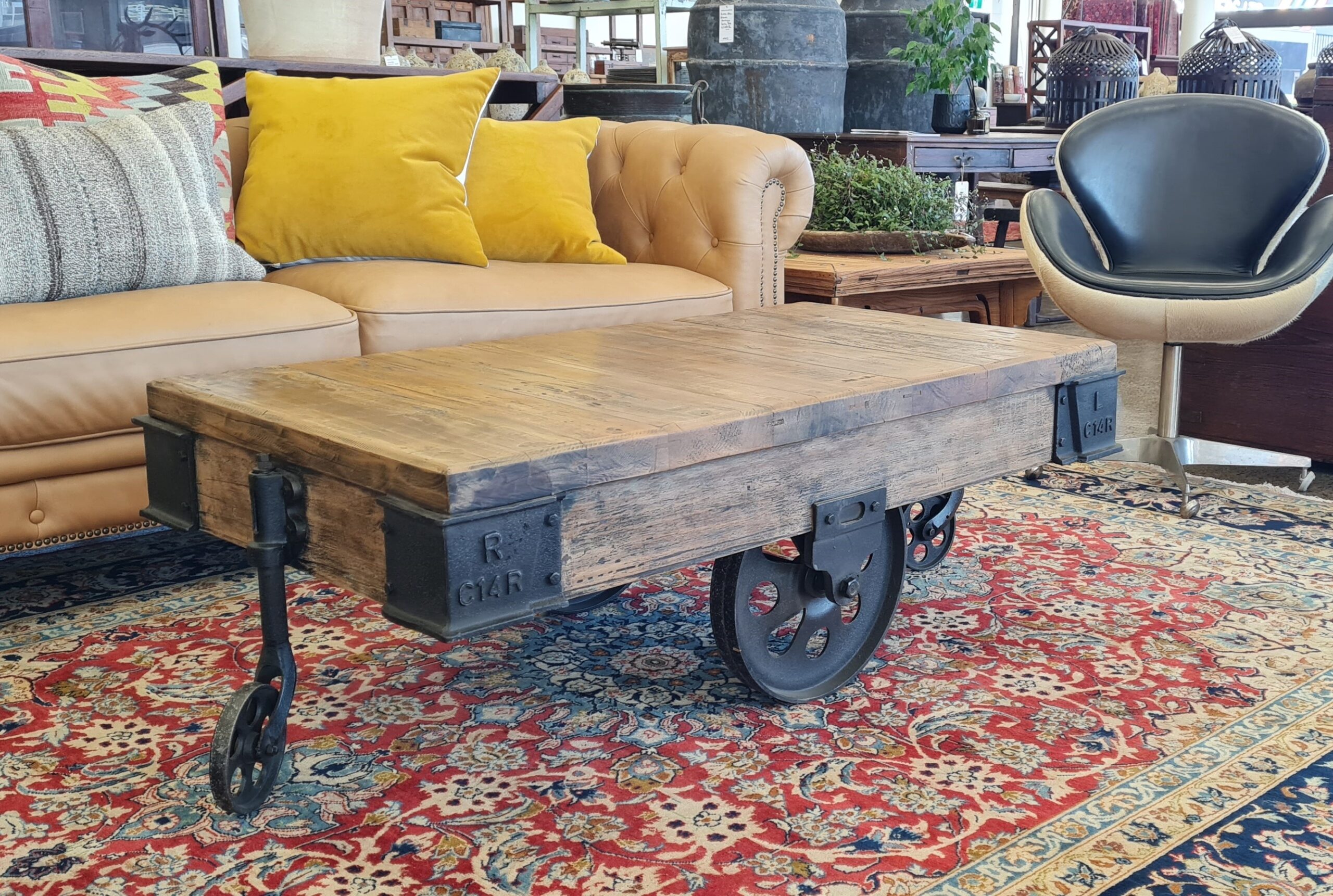 Reclaimed Teak & Iron Baggage Trolley Coffee Table - Image 2